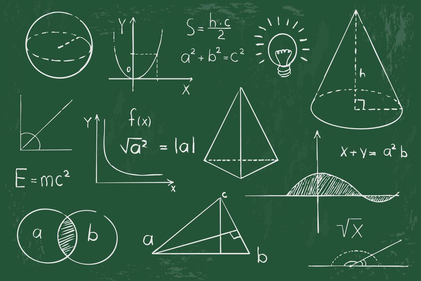 Math geometry graph and shapes on blackboard background. Set science doodle hand drawn sketch elements. Study theory formula, calculations. vector