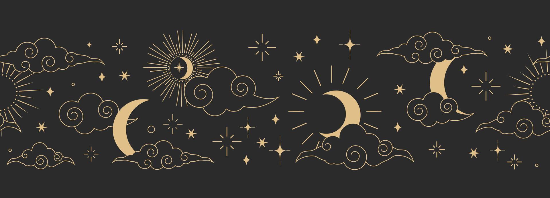 Celestial seamless border, witch spiritual decoration with asian clouds moon, sun burst and stars. line astrology pattern, minimal geometric background. vector