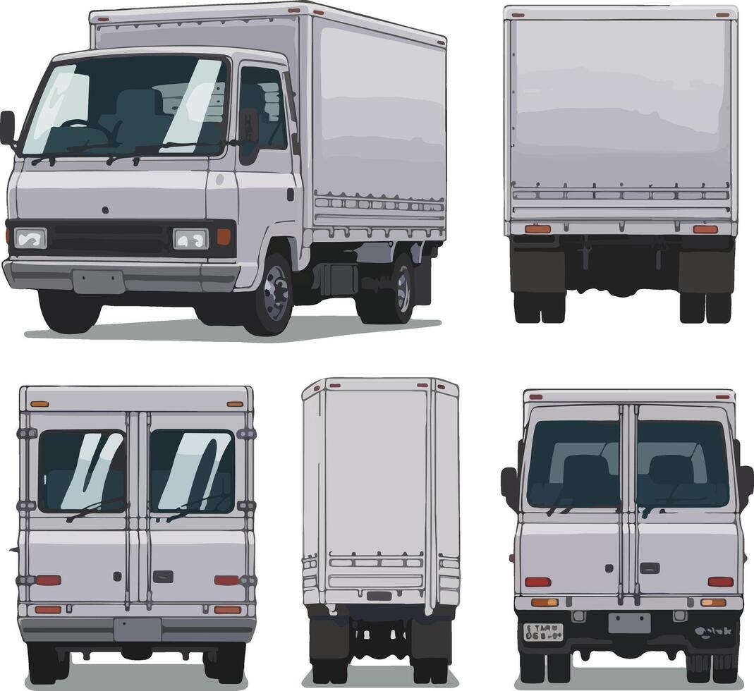 Lorry with blank surface realistic advertising mockup side view, front and rear on white background illustration vector