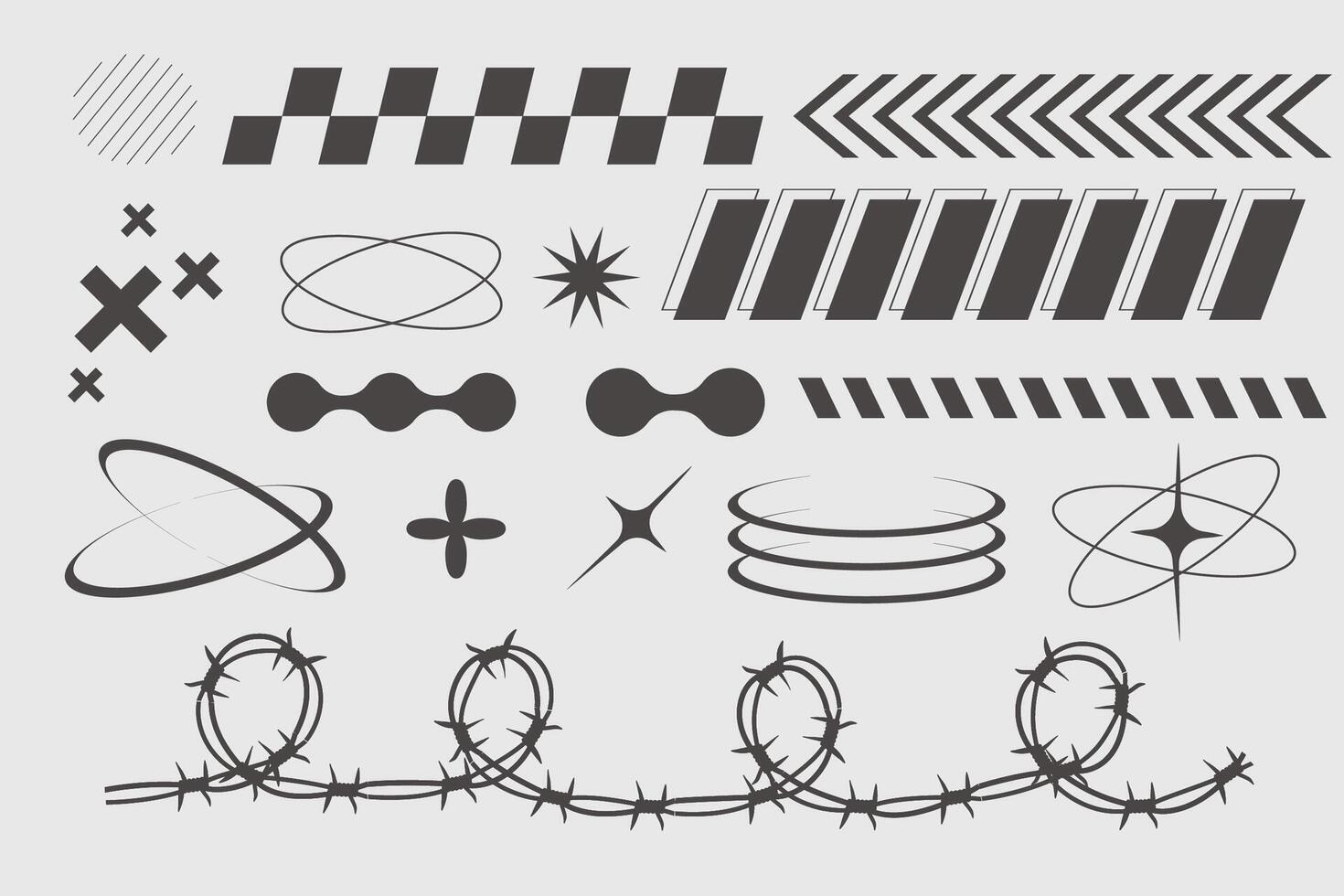 Y2k geometric elements border set, heart with flame, barbed wire, grid pattern. Groovy cyber retro design elements. vector