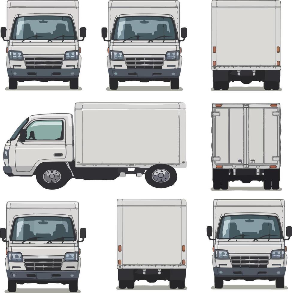 Front and rear side views of a realistic advertisement mockup of a truck with a blank surface on a white background vector