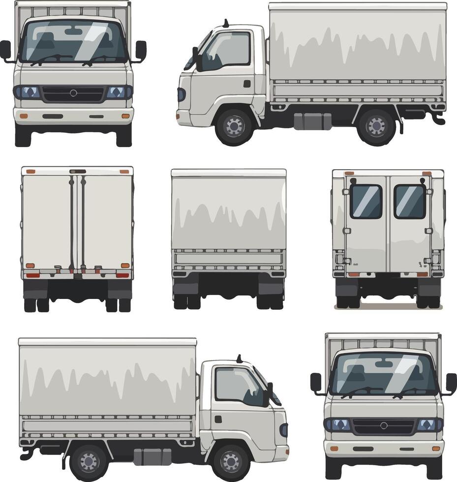 Realistic side view, front, and rear realistic advertising mockup of a truck with a blank surface on a white background vector