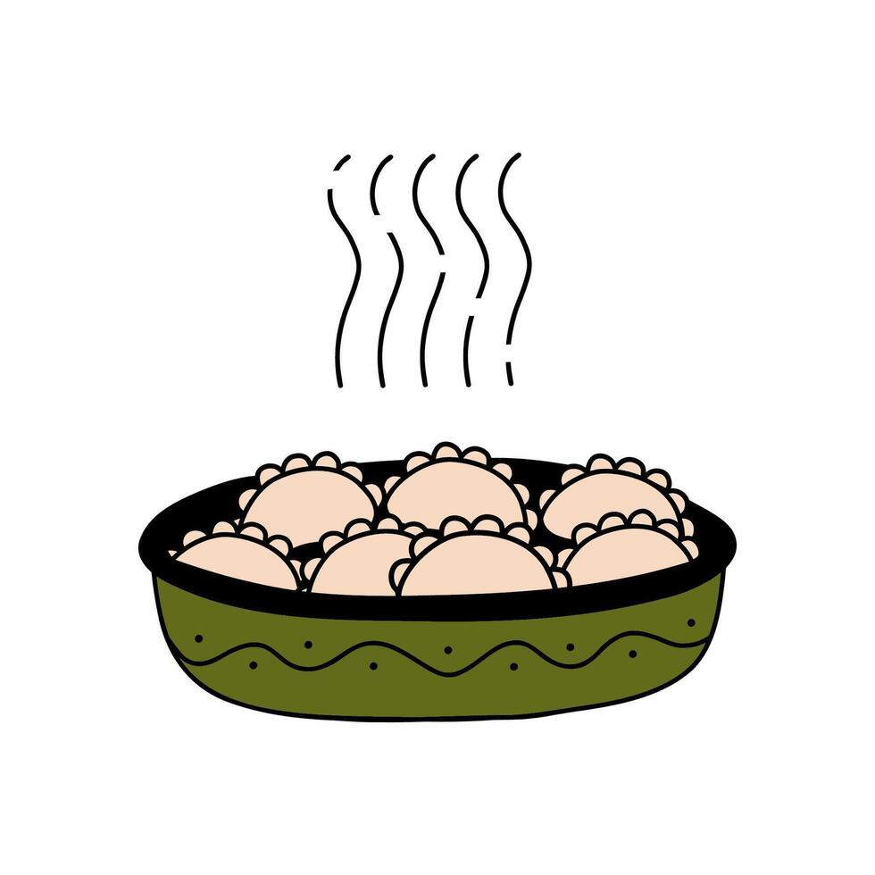 Dumplings in a plate in doodle style. National russian food in a green dish. Hand drawn illustration isolated on white background. vector