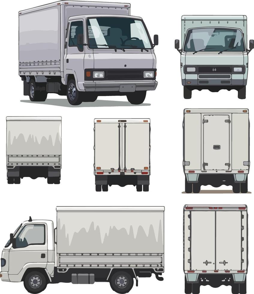 Realistic side-view, front, and rear realistic advertisement mockup of a truck with a blank surface on a white background vector