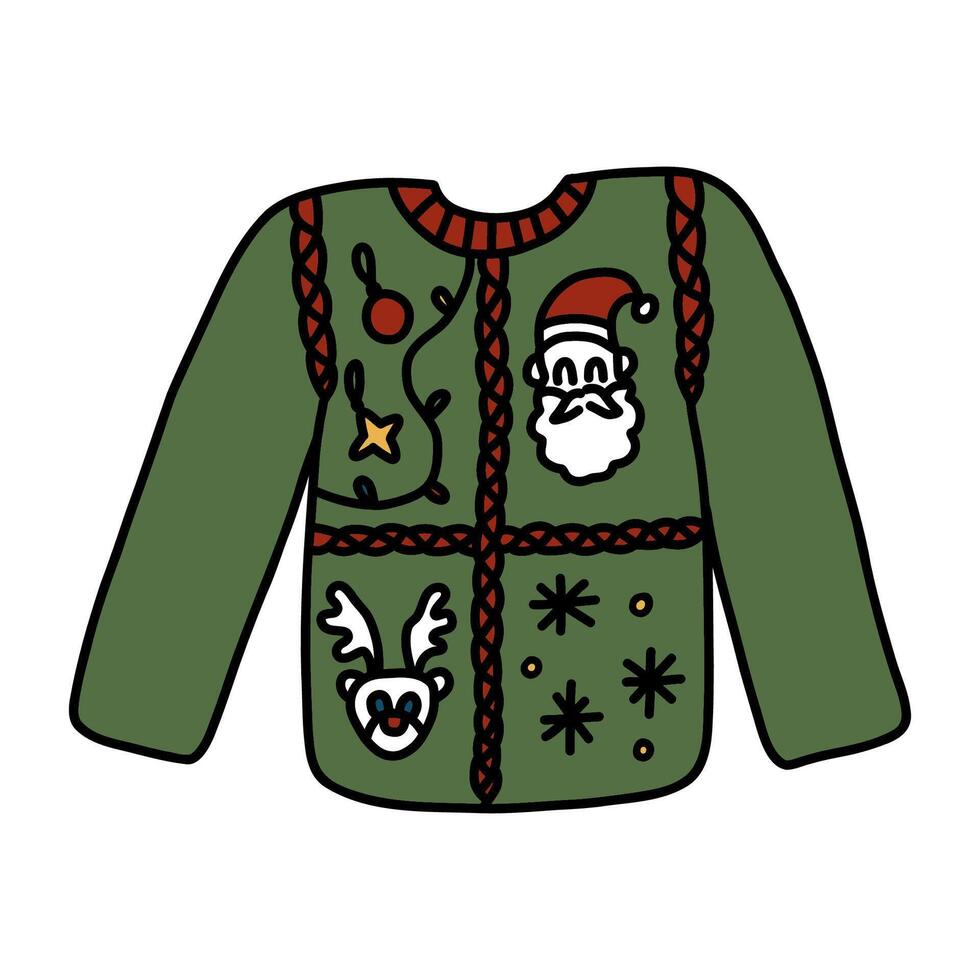Ugly christmas sweater doodle. Cute green jumper for xmas party in cartoon style. Hand drawn illustration isolated on white background. vector