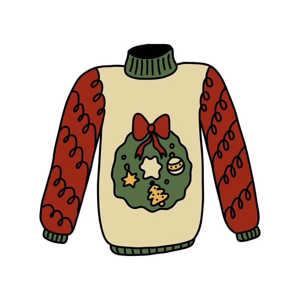 Ugly christmas sweater in doodle style. Cute beige jumper with wreath for xmas party. Hand drawn illustration isolated on white background. vector