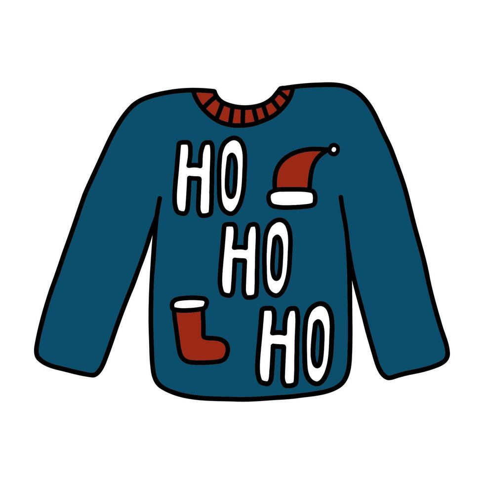 Ugly christmas sweater doodle. Cute blue jumper for xmas party in cartoon style. Hand drawn illustration isolated on white background. vector