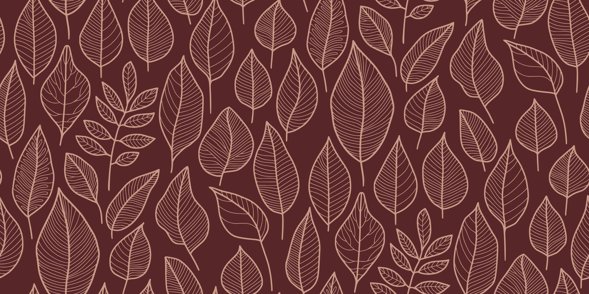Seamless leaf pattern with fine line art on a rich brown background. Ideal for textiles, wallpapers, gift wrap, branding, digital backgrounds, or eco-friendly product designs. vector