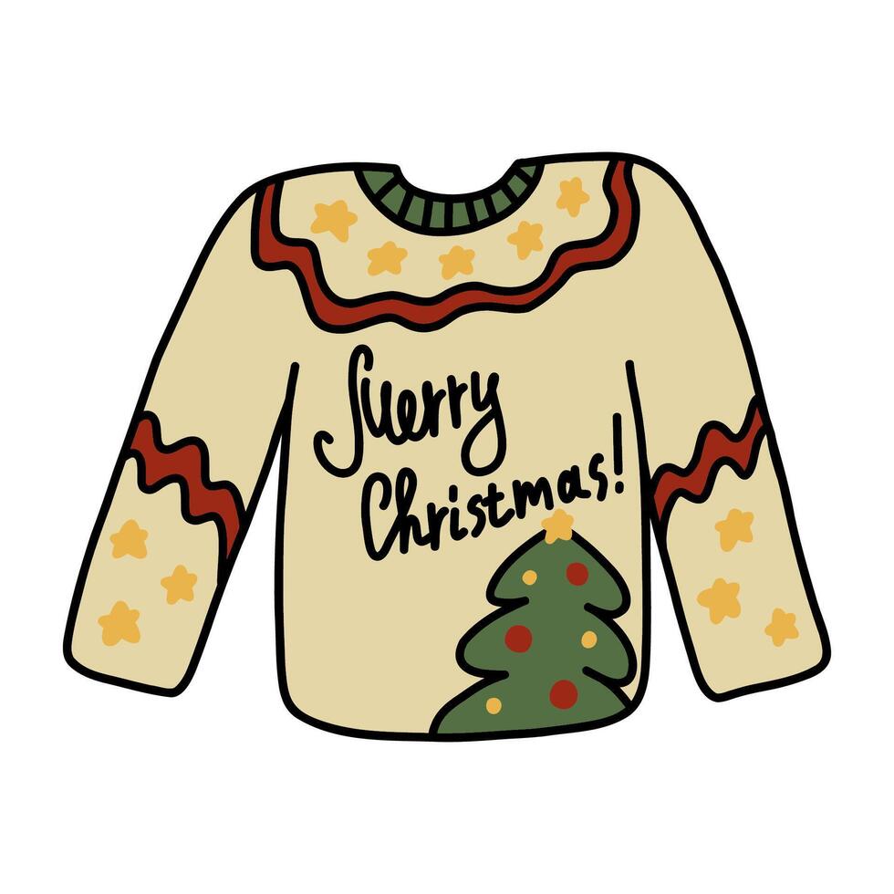 Ugly christmas sweater doodle. Cute beige jumper for xmas party in cartoon style. Hand drawn illustration isolated on white background. vector