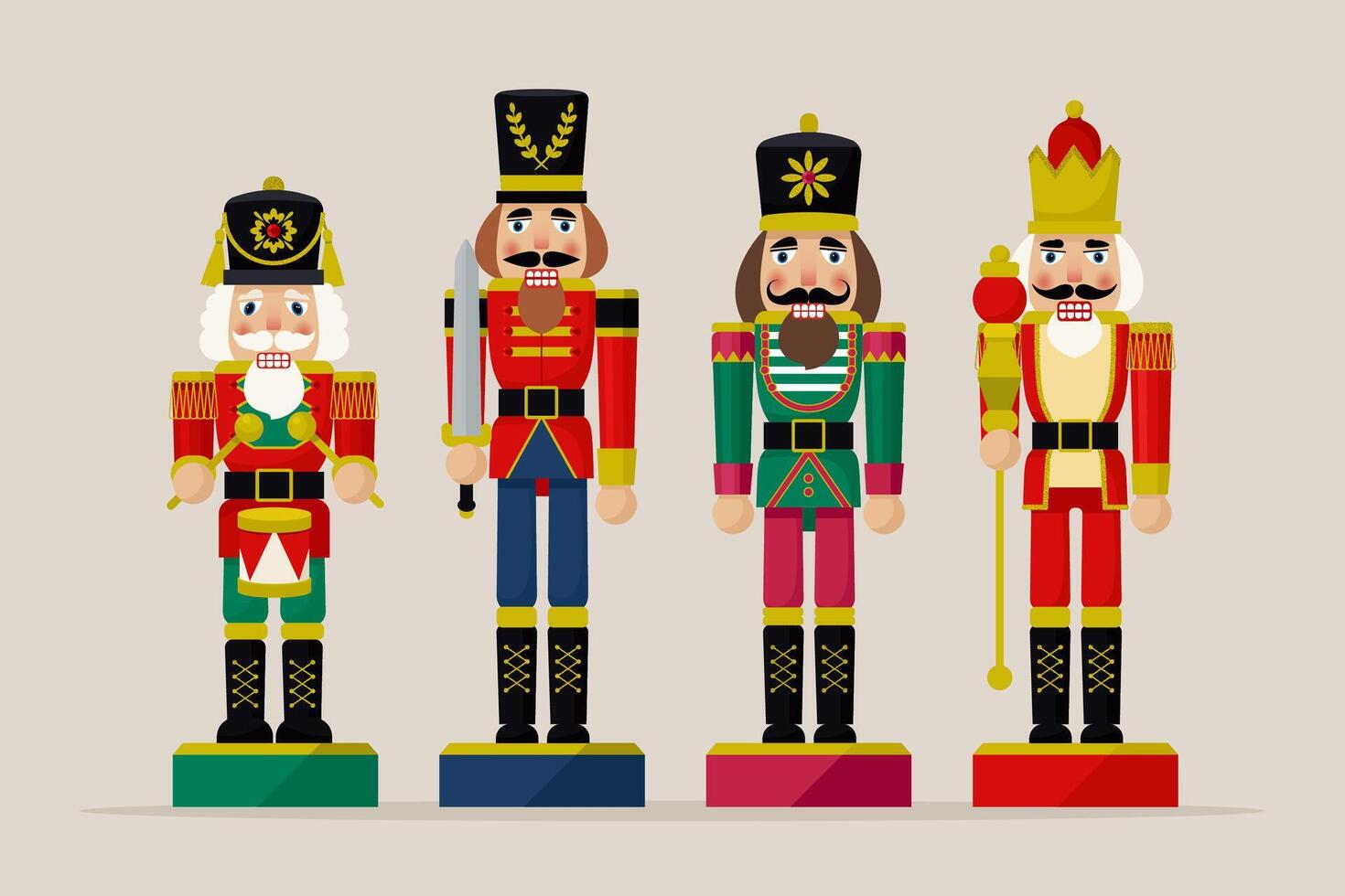 Set of Christmas Nutcracker toys soldier traditional figurine. Flat illustration with glittering elements vector