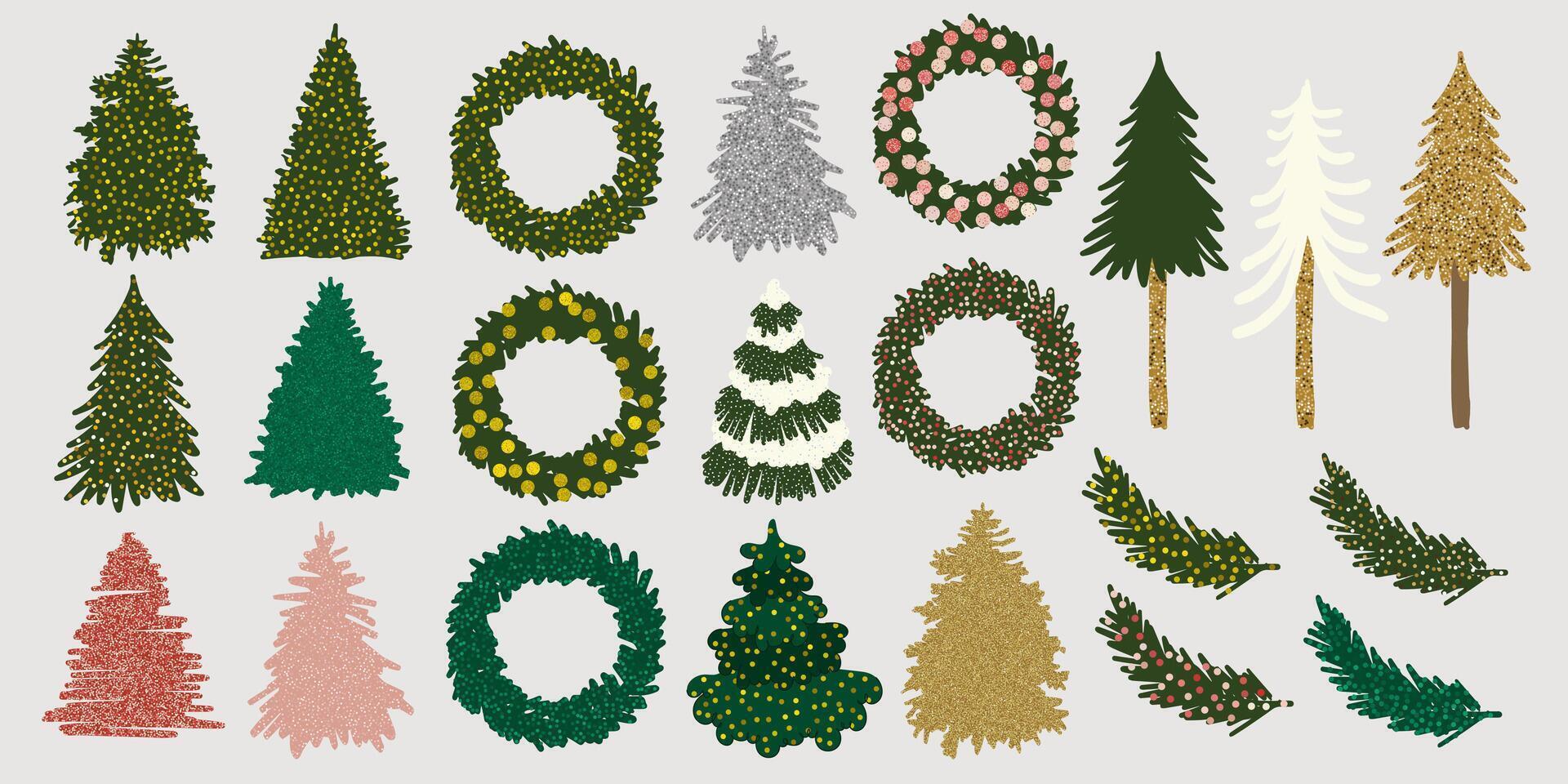 Set of Christmas Fir Trees in Hand-Drawn Style and Glitter. Trendy Illustration in Simple Style vector