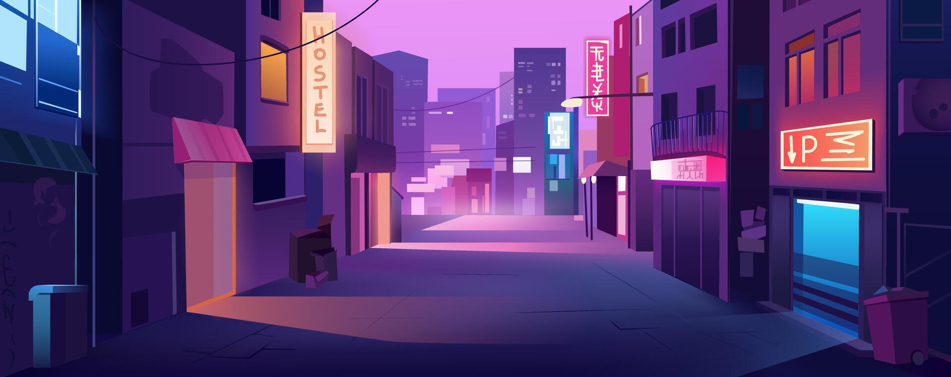 Night city street background for banner design. Empty alleyway with shops or hostel exterior with doors, neon glow signboards, skyscrapers view in purple and violet colors. cartoon illustration vector