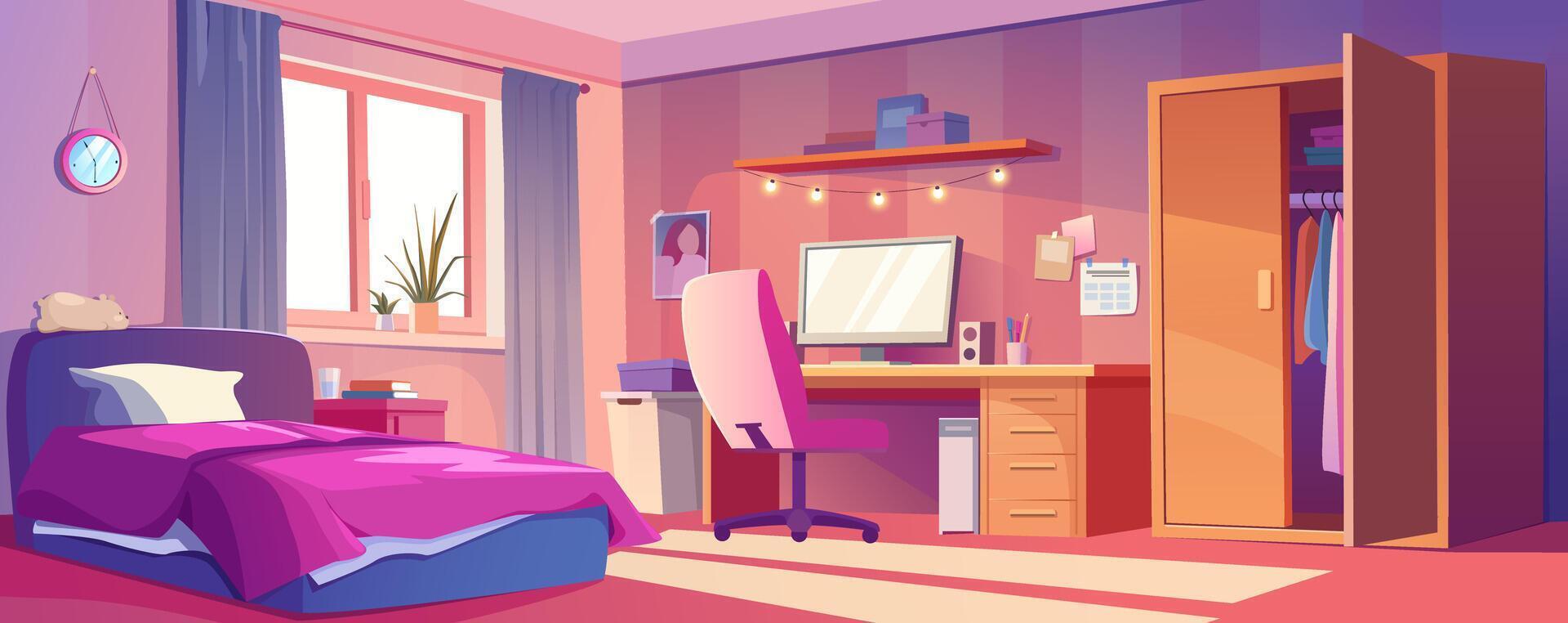 Girl bedroom interior background for banner design. Empty teenage room with bed, computer on table and chair, garland and pictures, bookshelf, wardrobe cabinet, window. cartoon illustration vector