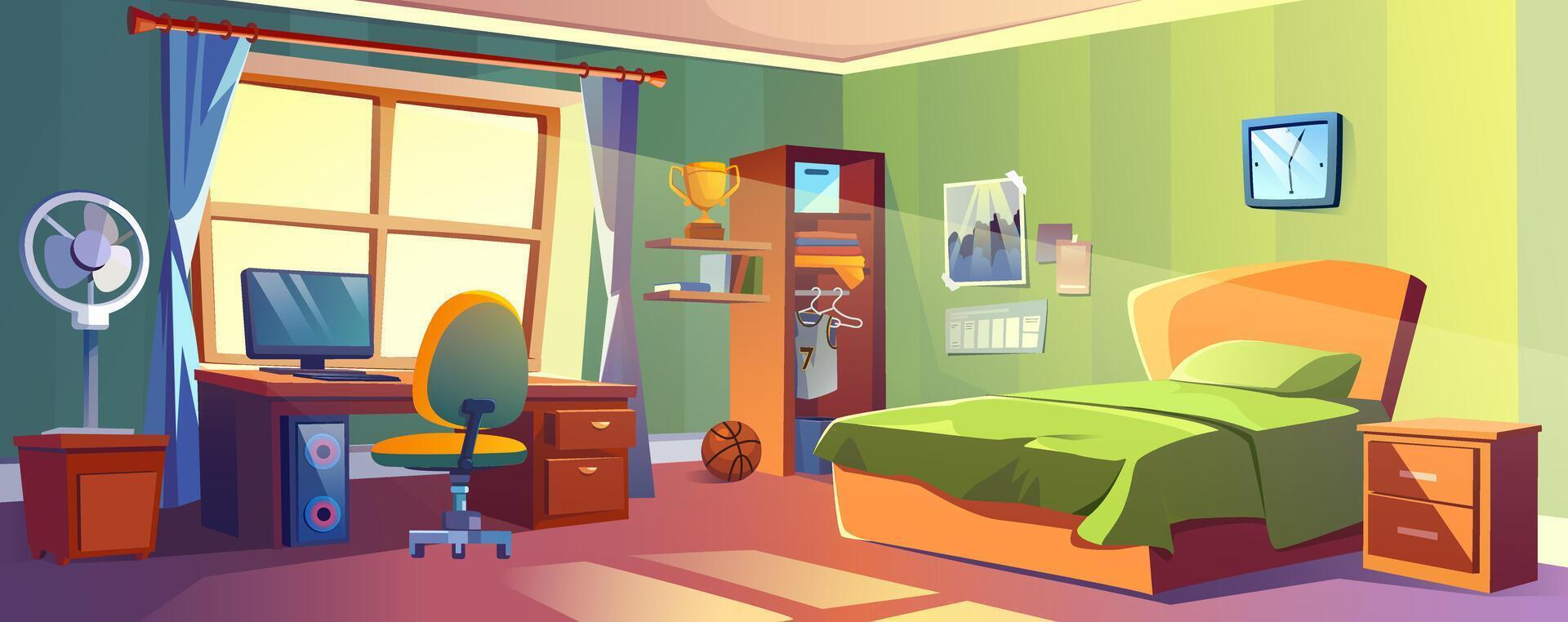 Boy bedroom background for banner design. Empty room interior with bed and bedside, shelves with sport trophy and books, basketball ball, table with computer and chair. cartoon illustration vector