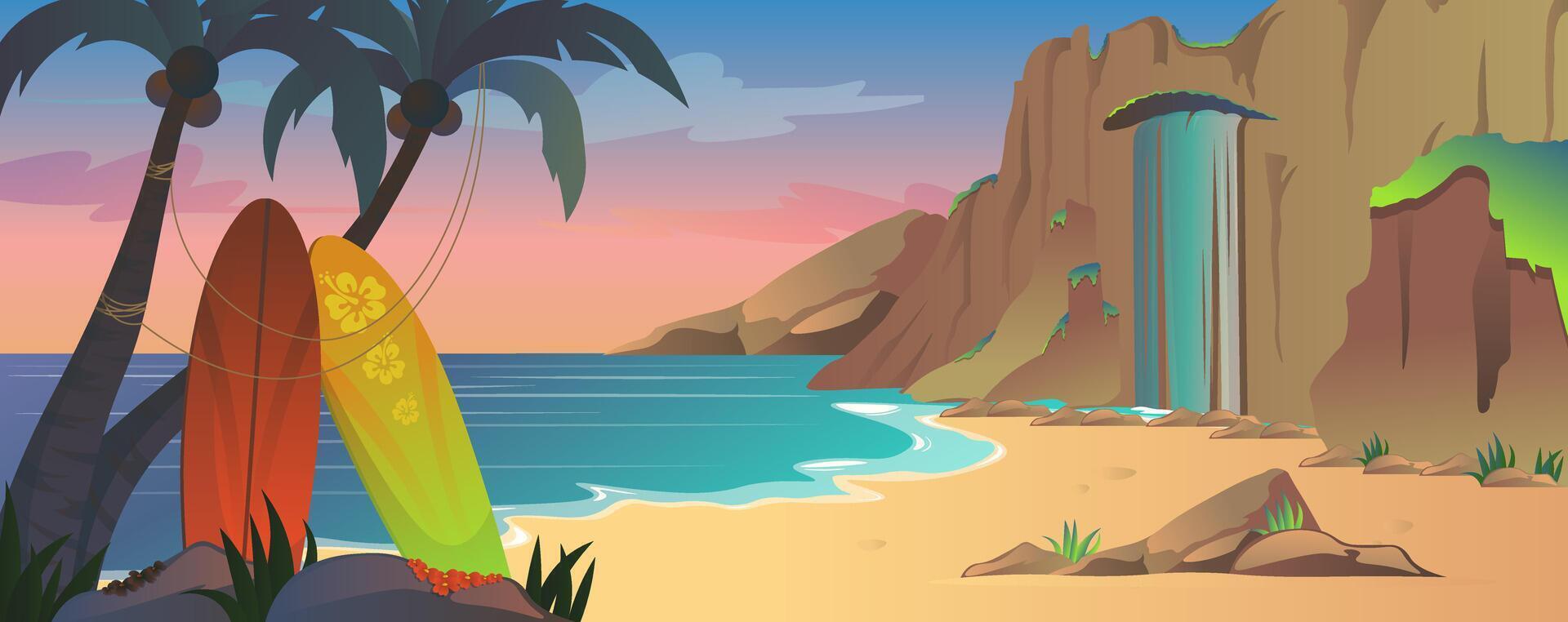 Tropical sea beach background for banner design. Summer vacation scene at ocean, seascape lagoon with rocks and waterfall, tropical palms and other plants, surfing boards. cartoon illustration vector