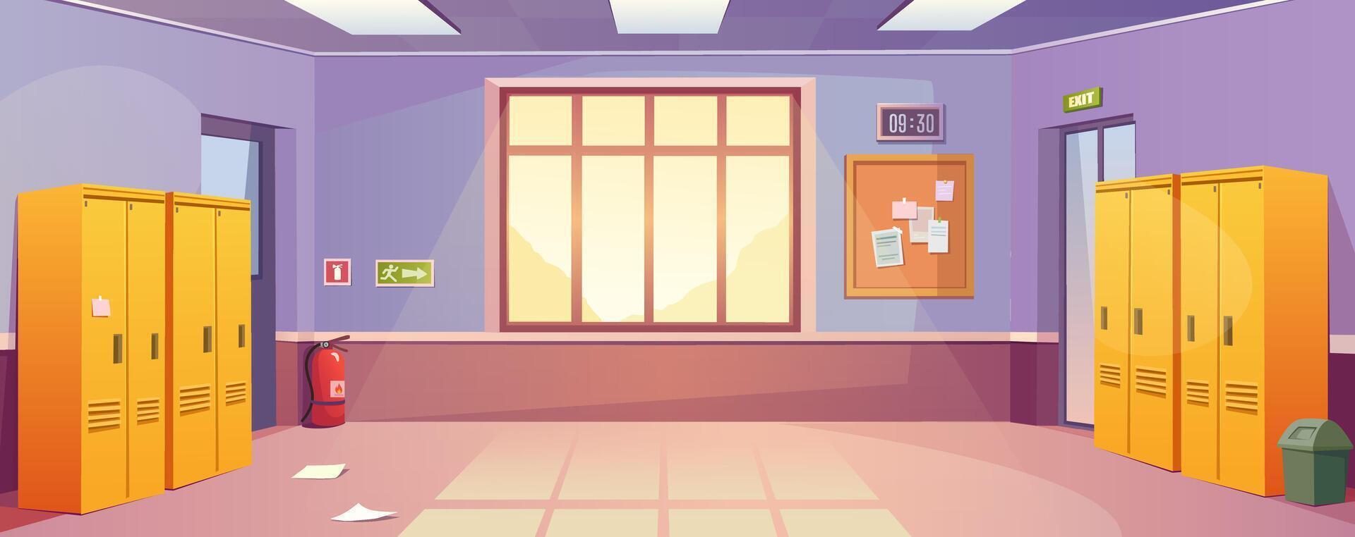 School corridor background for banner design. Empty hallway room interior with closed lockers rows, doors, big window, fire extinguisher, board with notices, clock at wall. cartoon illustration vector