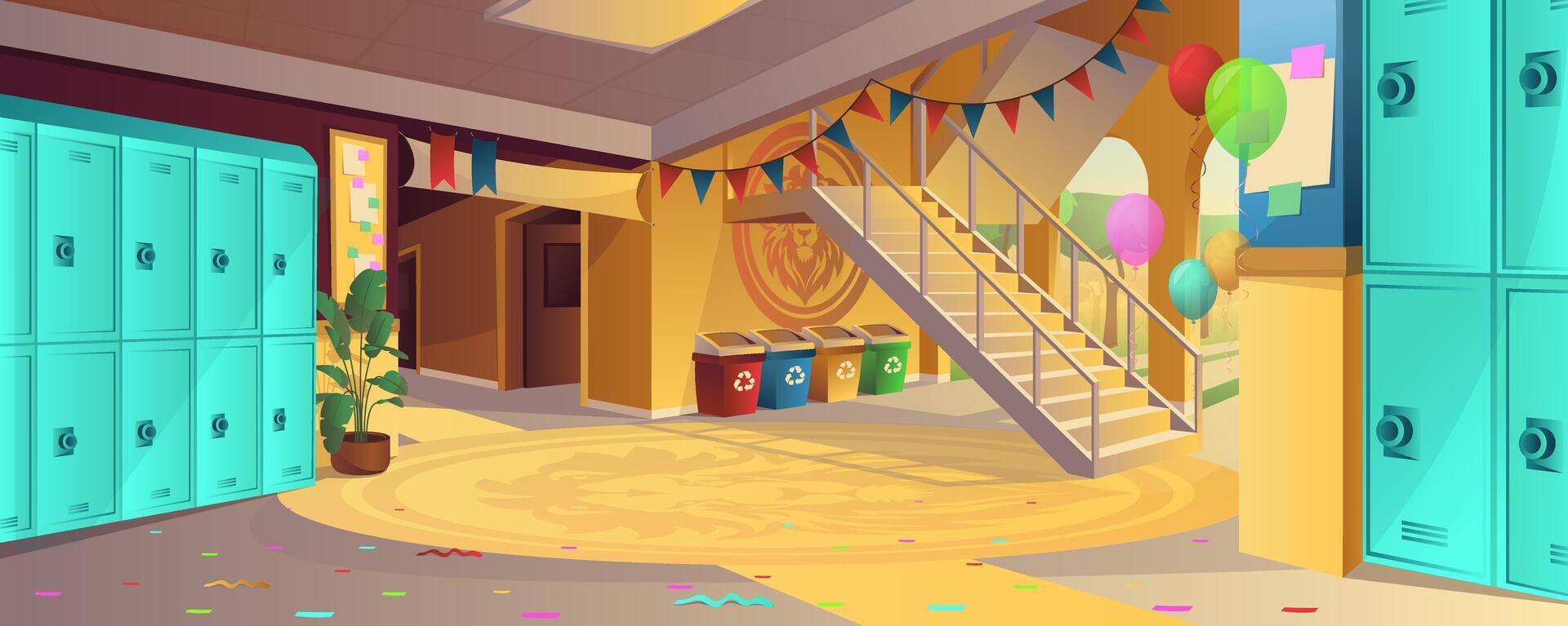 School hallway interior with holiday decor background for banner design. Empty lobby room with closed lockers, doors in classes, stairway, festive garlands and balloons. cartoon illustration vector