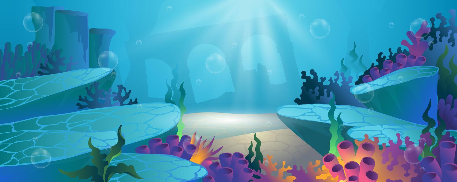 Underwater landscape background for banner design. Undersea bottom view with coral reef, different algae seaweeds, stones and ancient silhouette, blue water with sunlights. cartoon illustration vector