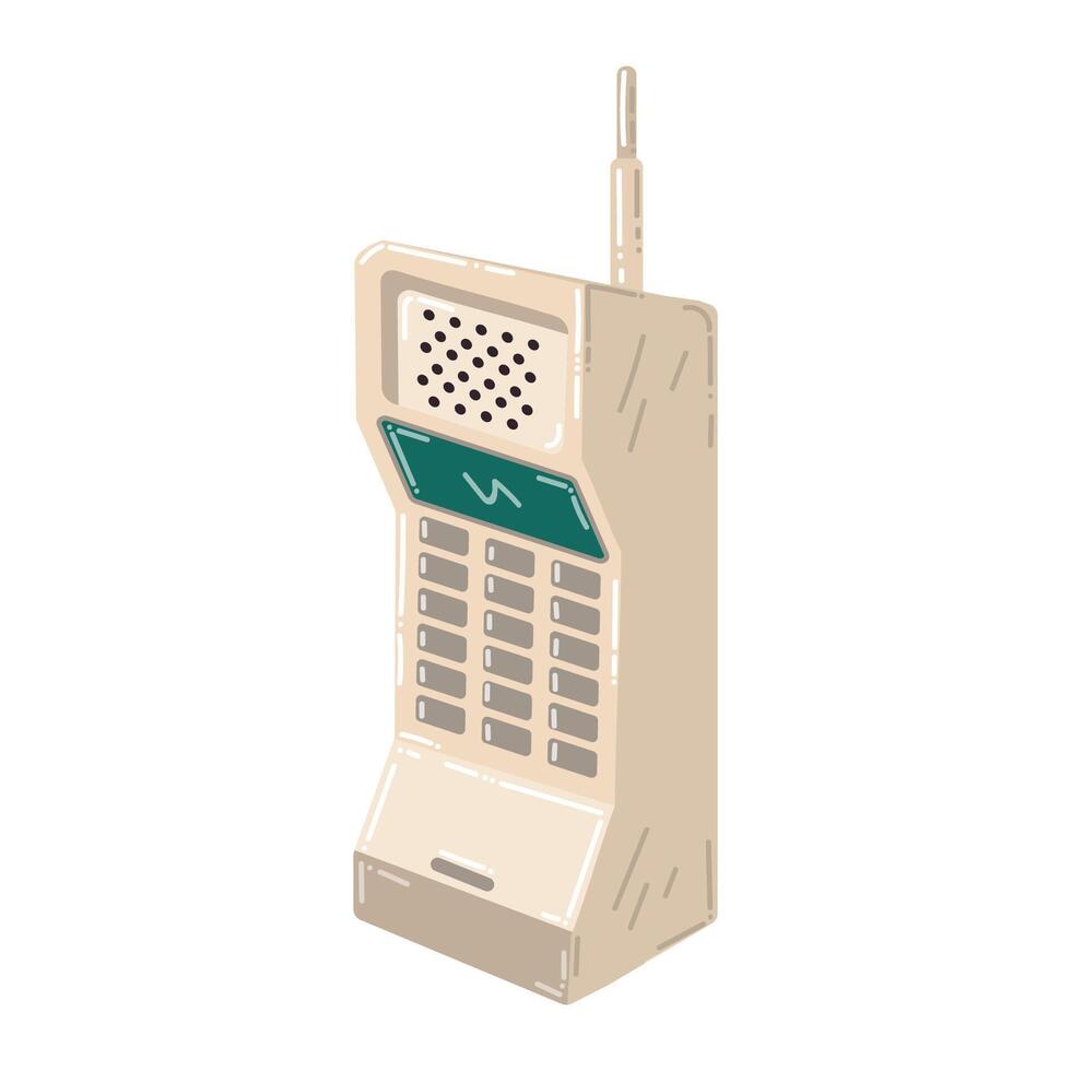 Cartoon retro cell phone from 90s years in flat style. Retro mobile phone isolated on white background. vector