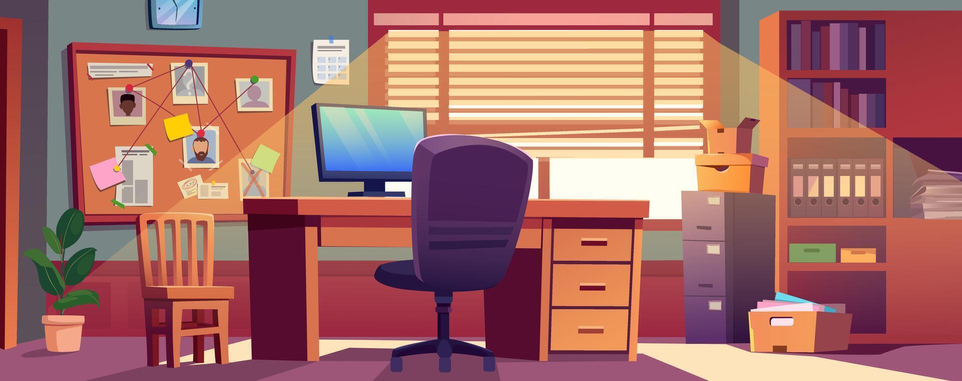 Detective office interior background for banner design. Empty police room with computer on table and chair, investigation map on pin board, archives in box and bookcase. cartoon illustration vector