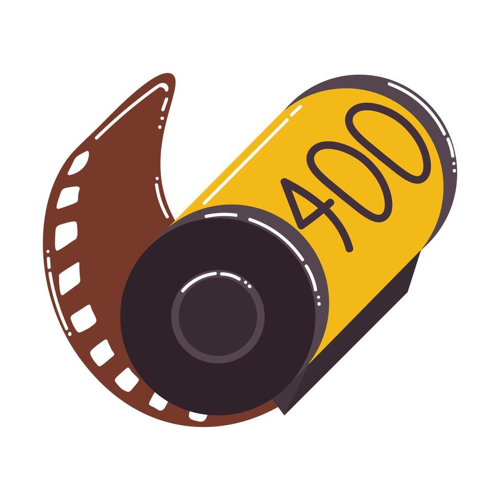 Retro photographic film roll with film strip in flat cartoon style. vector