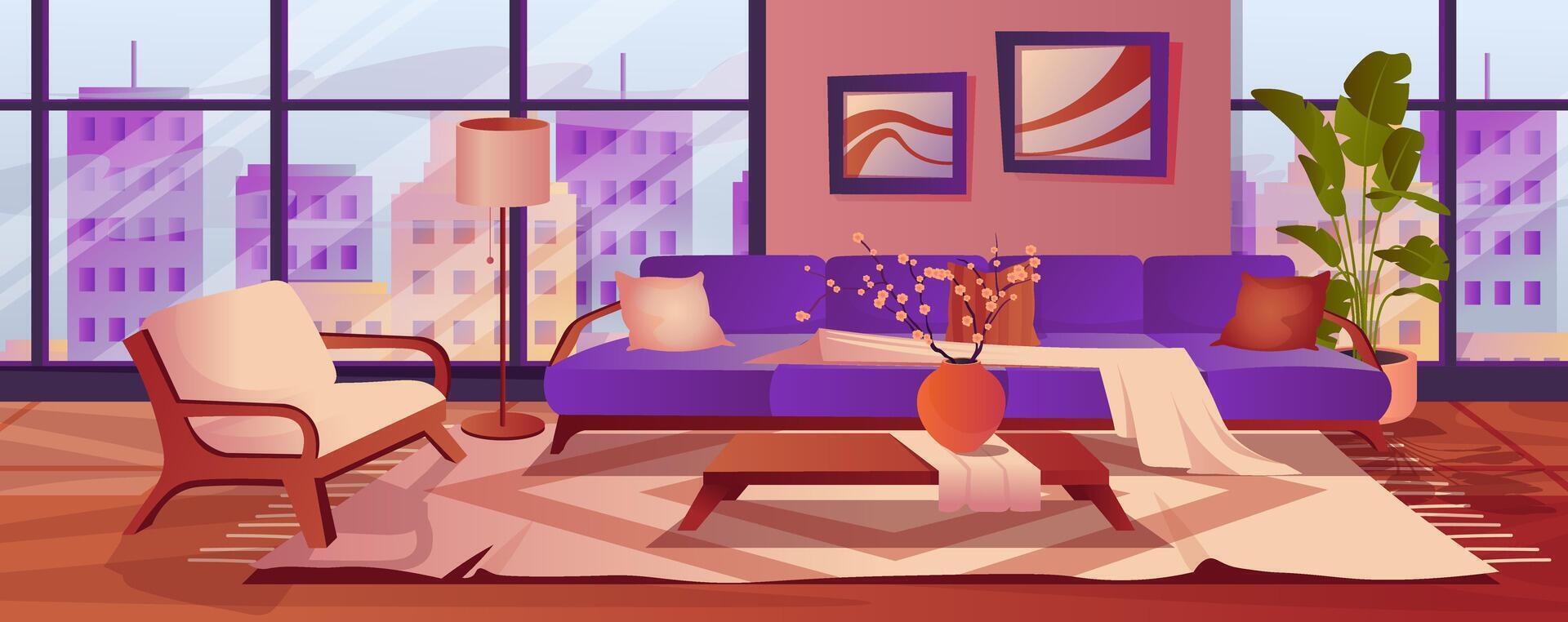 Living room background for banner design. Room interior in modern japanese style with sofa, armchair, table, cherry blossom in vase, lamp, big windows with cityscape view. cartoon illustration vector