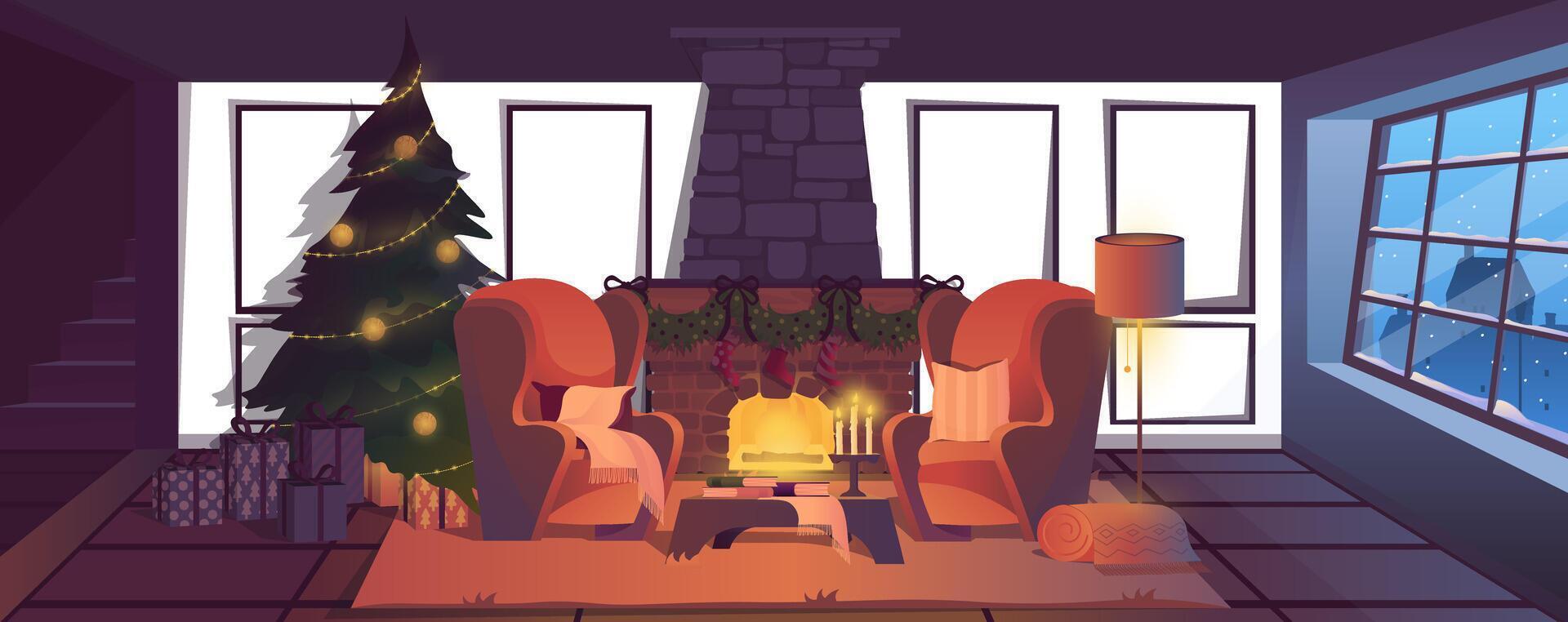 Christmas living room background for banner design. Empty room interior with warm fireplace, armchairs with pillows, festive trees and gift boxes, window with winter view. cartoon illustration vector