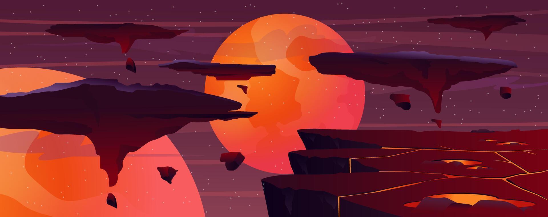 Fantasy cosmos background for banner design. Dark rocky land and flying platforms with with glowing water in rivers, big orange futuristic planets in night sky with stars. cartoon illustration vector