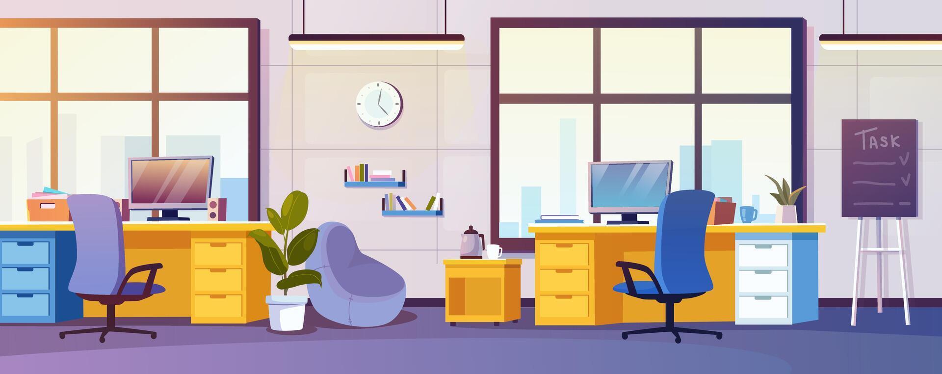 Coworking interior background for banner design. Empty open office with computers on desks and chairs, armchair by table with coffee break, big windows, tasks board, decor. cartoon illustration vector