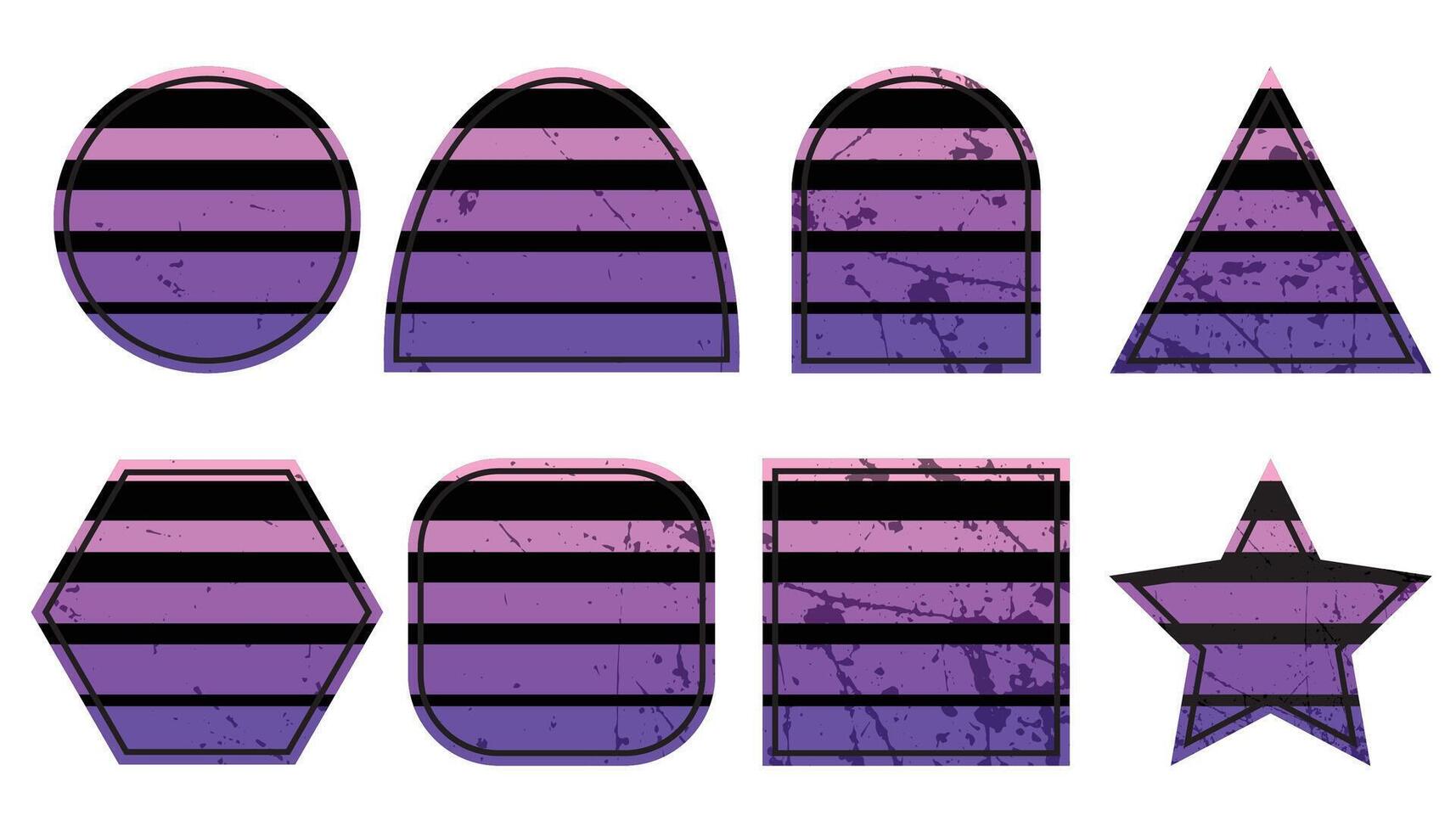 Set of colorful purple retro sunsets in the retrofuturistic style of the 80s and 90s. Retro Sunset Retrowave Backgrounds Art Bundle. Horizontal Sunsets with Grunge Textures. vector