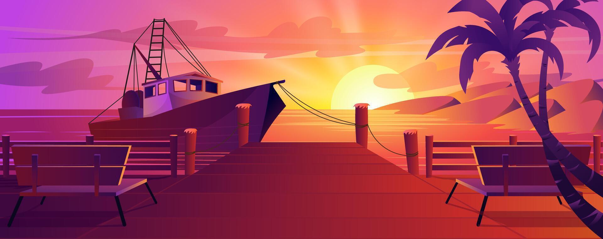 Summer tropical sunset at pier background for banner design. Vibrant evening sun under ocean or sea, moored yacht at water, benches at wooden boardwalk, palm tree at beach. cartoon illustration vector