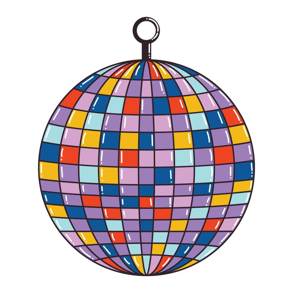 Colorful cartoon disco ball isolated on hite background. Retro party shining ball in 90's style. vector