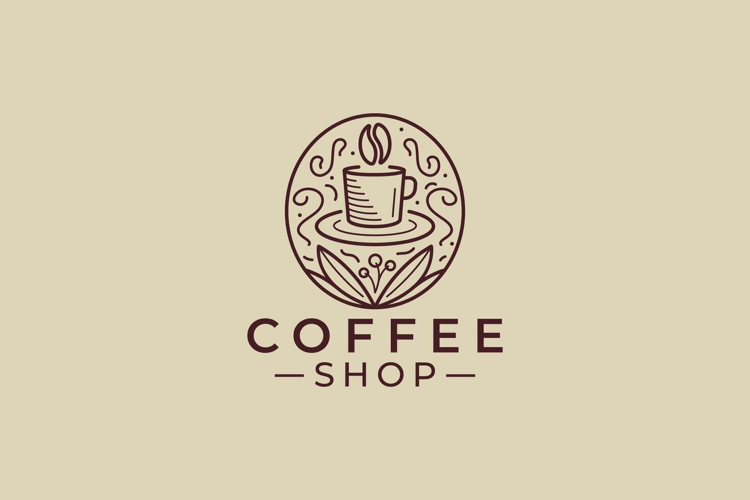 Logo Elegant Bean Coffee Delight in Every Sipped Cup with Leaf Retro Style Line Art Sign Symbol vector