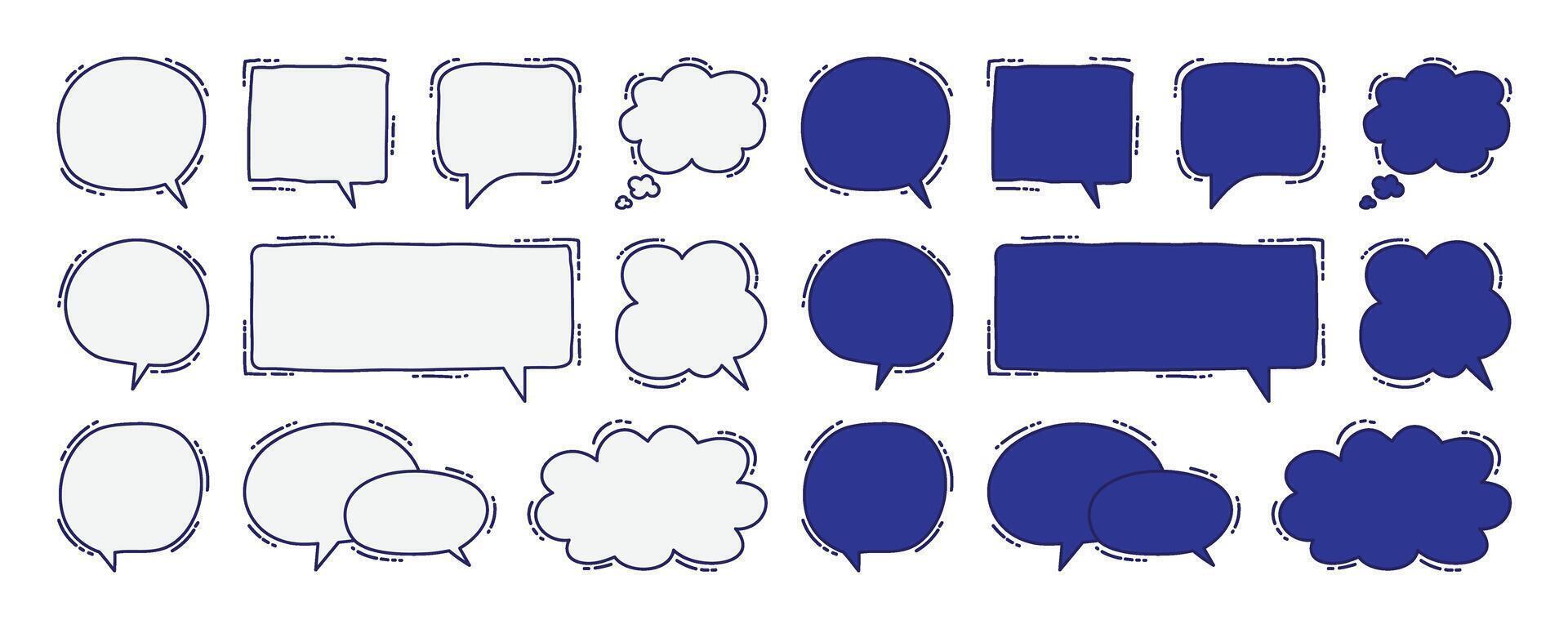 Set of doodle white and blue speech bubble cloud. vector
