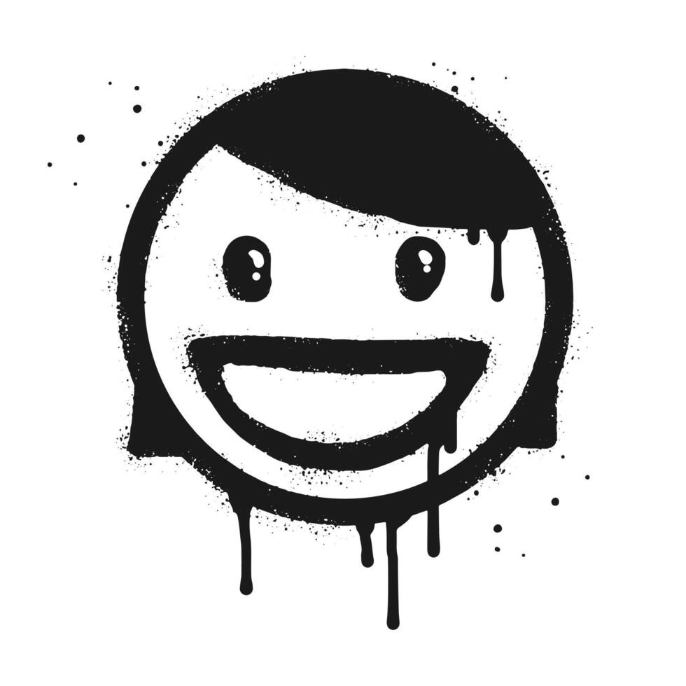 Smiling girl face emoticon character. Spray painted graffiti happy face in black over white. isolated on white background vector