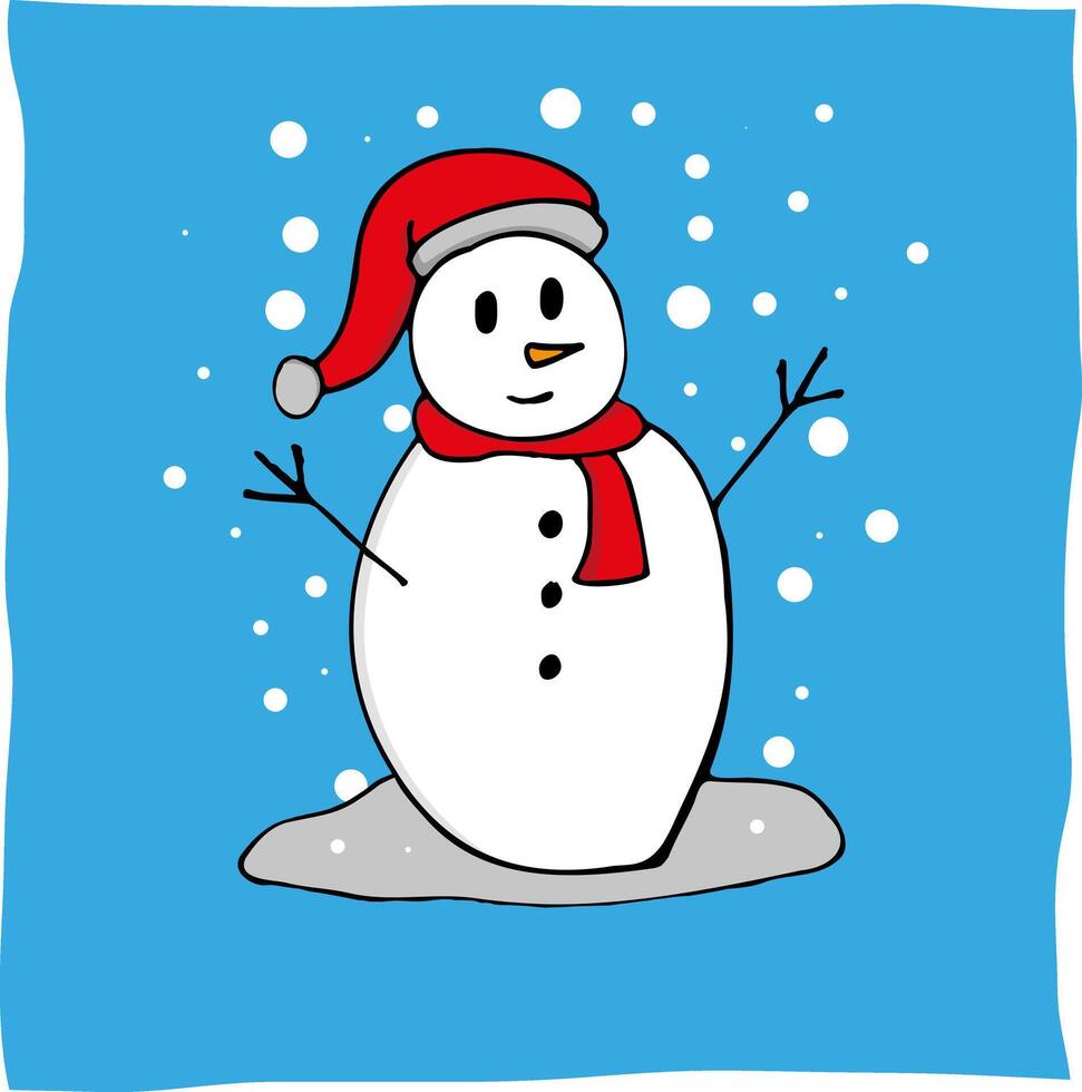 snowman wearing red santa hat and red scarf in winter vector