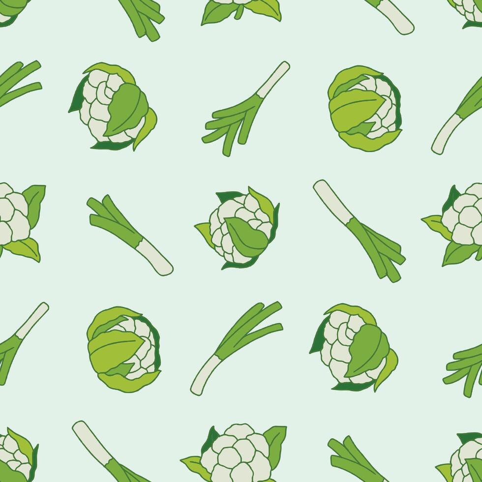 Cauliflower Leek Vegetable Seamless Pattern illustration Design vector