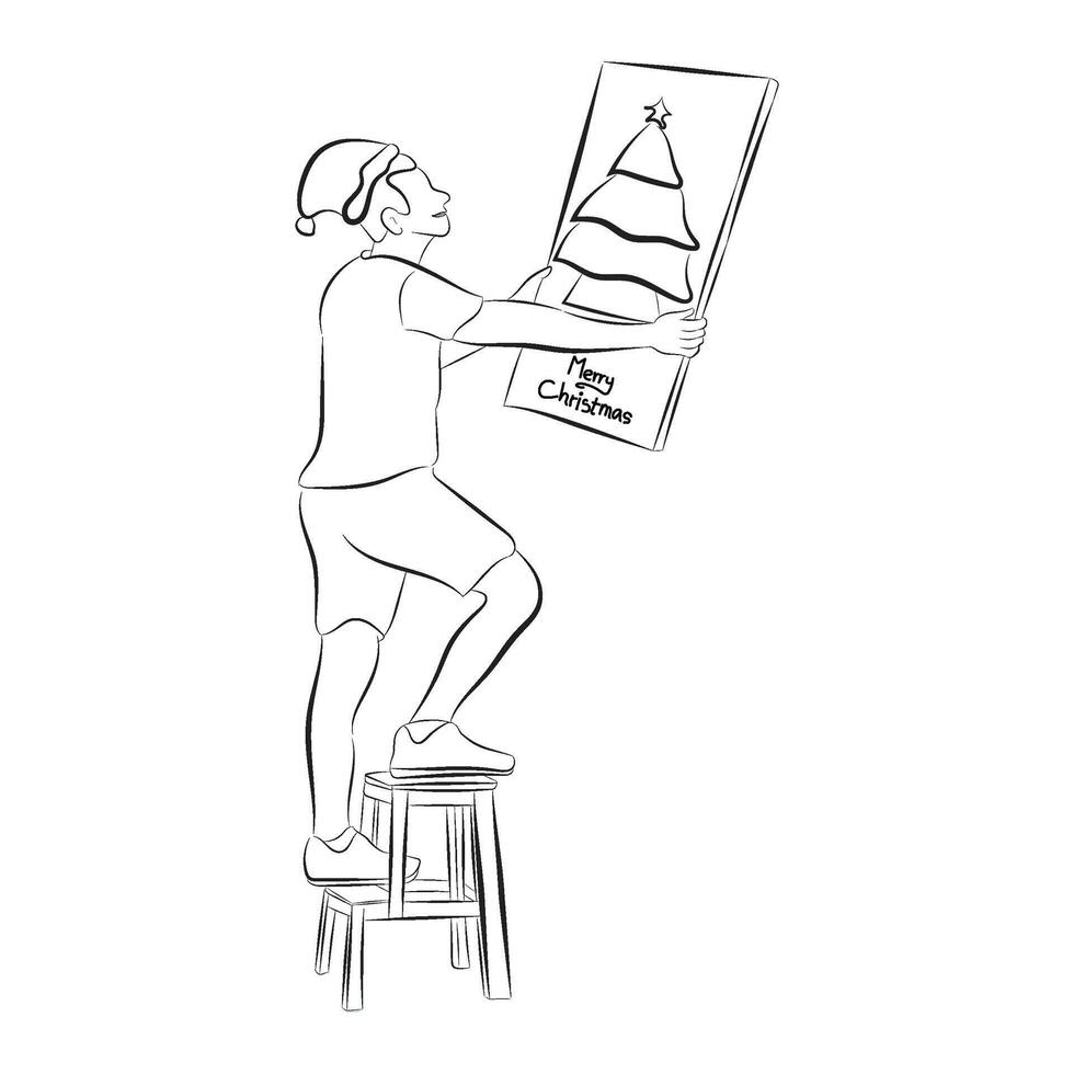 illustration of a man decorating for christmas, line drawing sketch vector