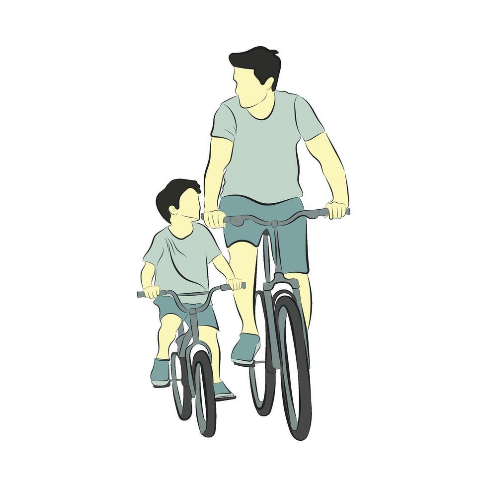 illustration of a father and son cycling together vector
