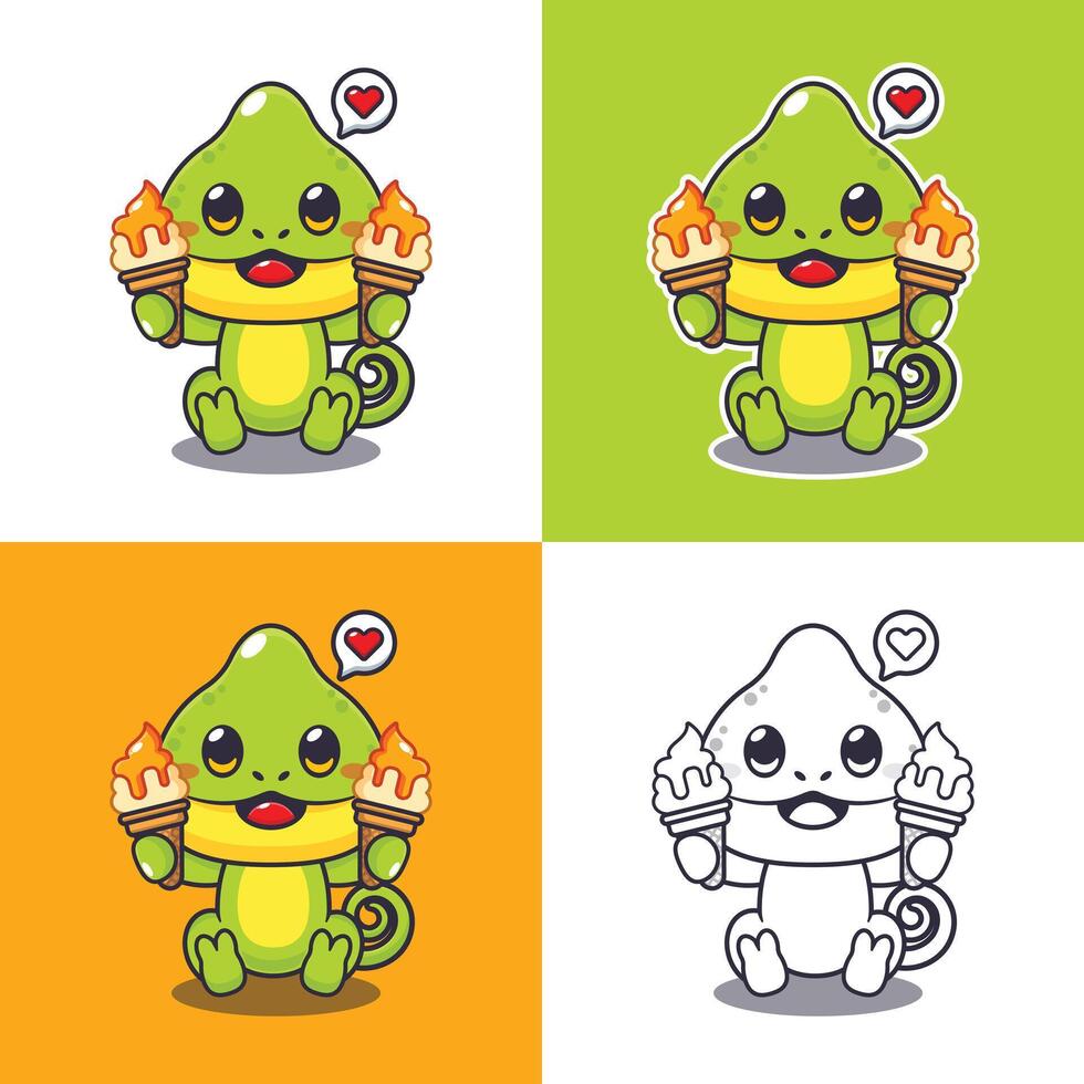 cute chameleon holding ice cream cartoon drawing vector