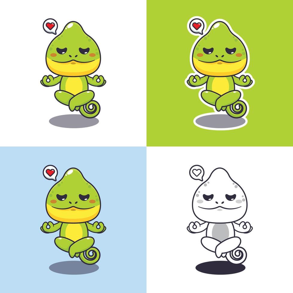 cute chameleon doing meditation yoga cartoon drawing vector