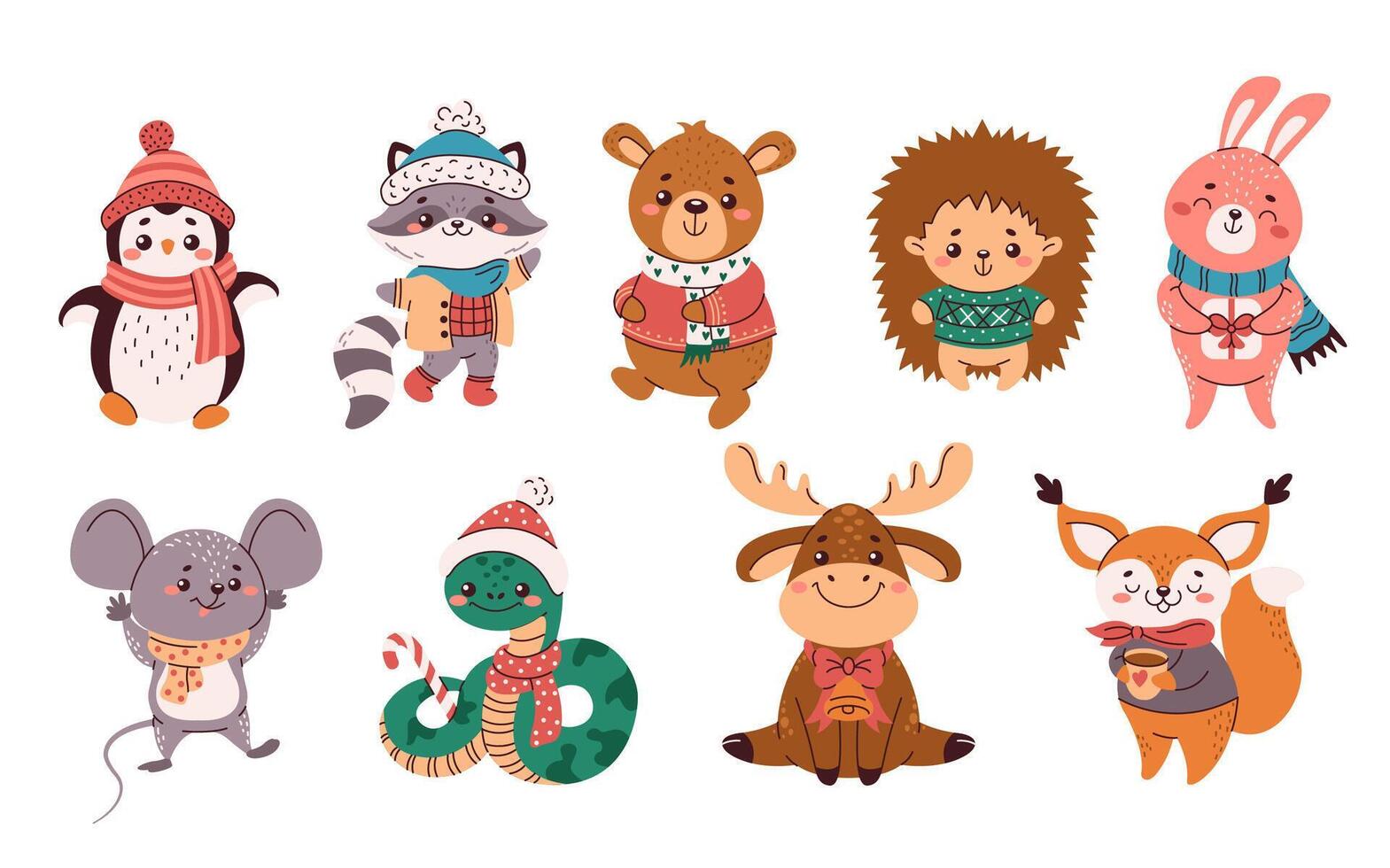 Cute animals in winter outfits flat color objects set. Symbols of Christmas and New Year illustrations bundle on white background vector