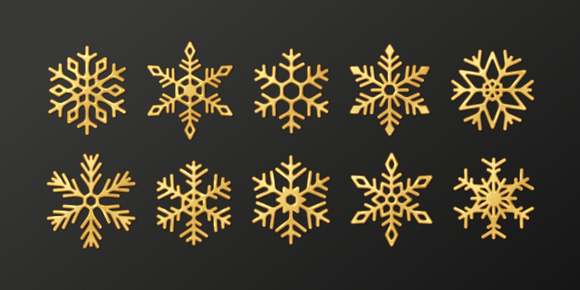 Shiny golden snowflakes realistic color icons set. Happy Christmas holiday ornament with frozen crystals symbols 3d objects bundle on black vector
