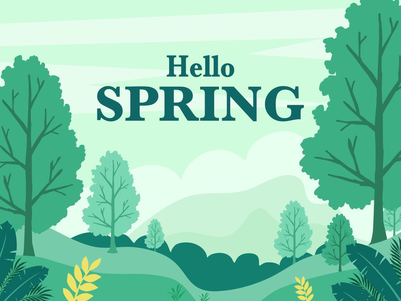 Hello spring text on trees nature background. vector