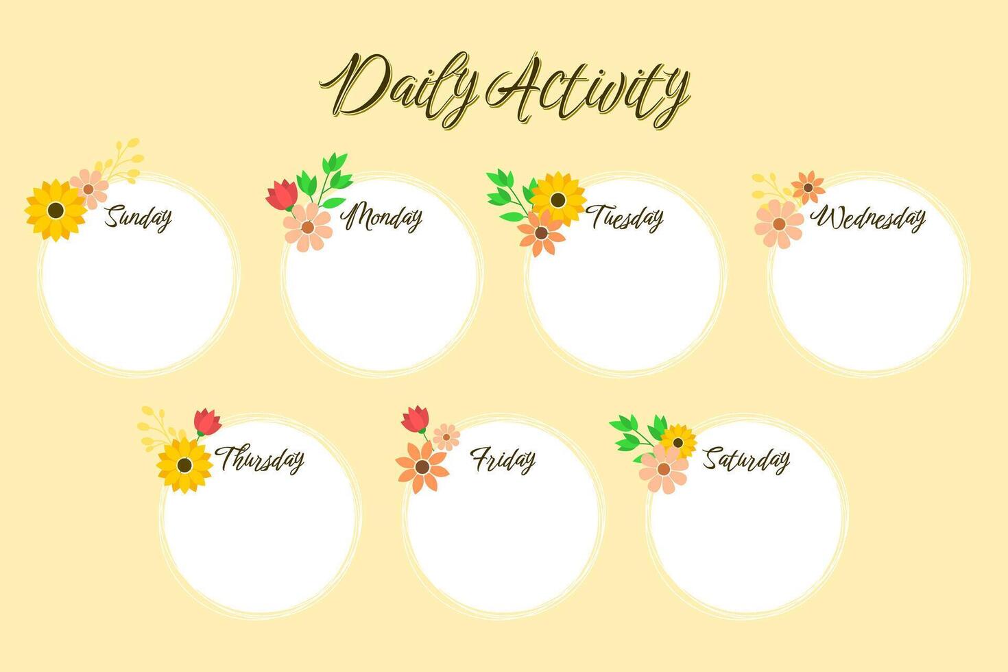 Daily Activities of The Week, Time Table Design, on Flower Theme vector