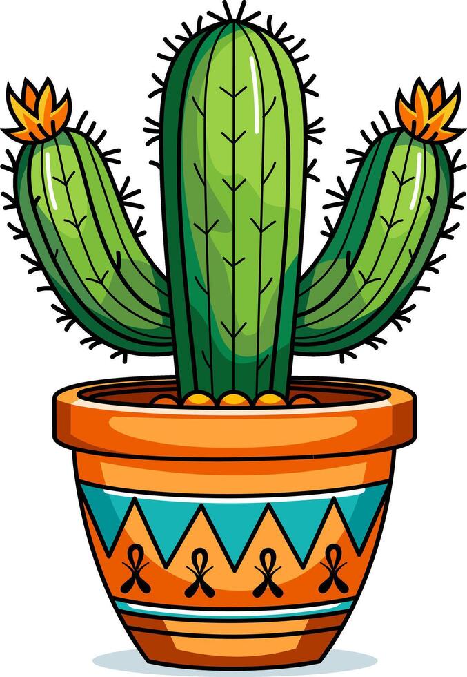 Cactus in a decorated pot with a geometric pattern. Cactus in pot isolated on white background - cartoon illustration. vector