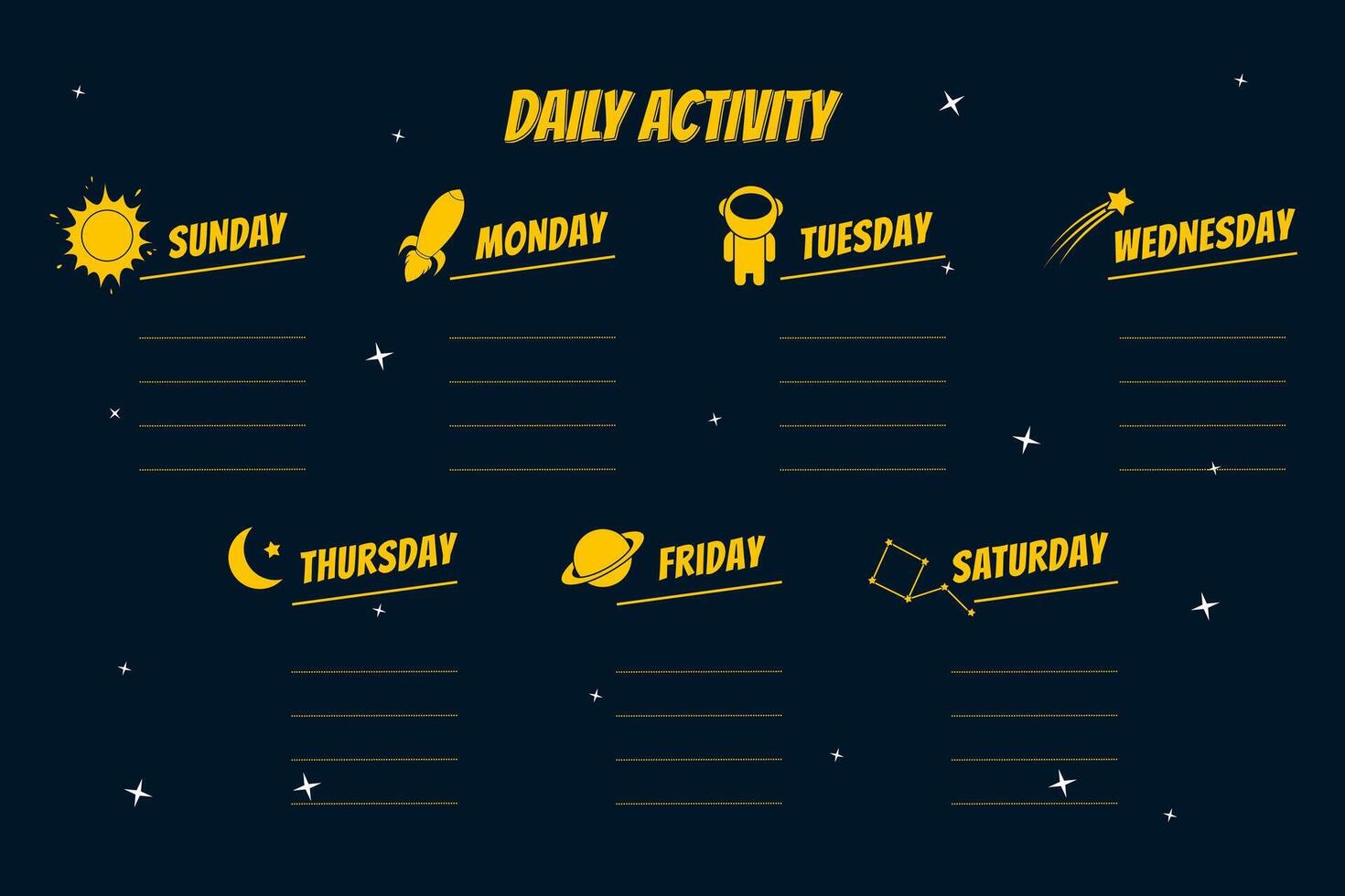 Daily Activities of The Week, Time Table Design, on Space Theme vector