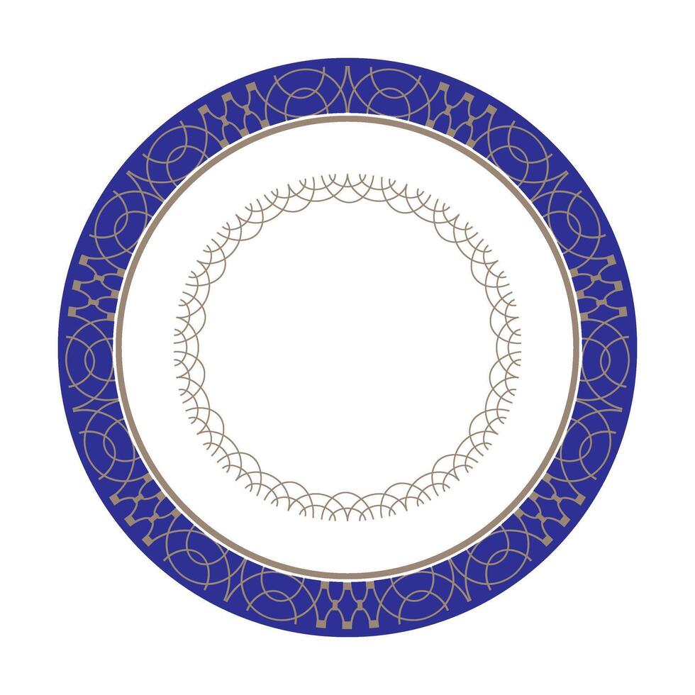 Blue in Gold Geometric Modern Round Frame Plate in Arabic, Muslim, Oriental Style. Blue and Gold Pattern frame for Design Porcelain, round surfaces, Ceramic, textile, Embroidery. Mashrabiya EPS vector