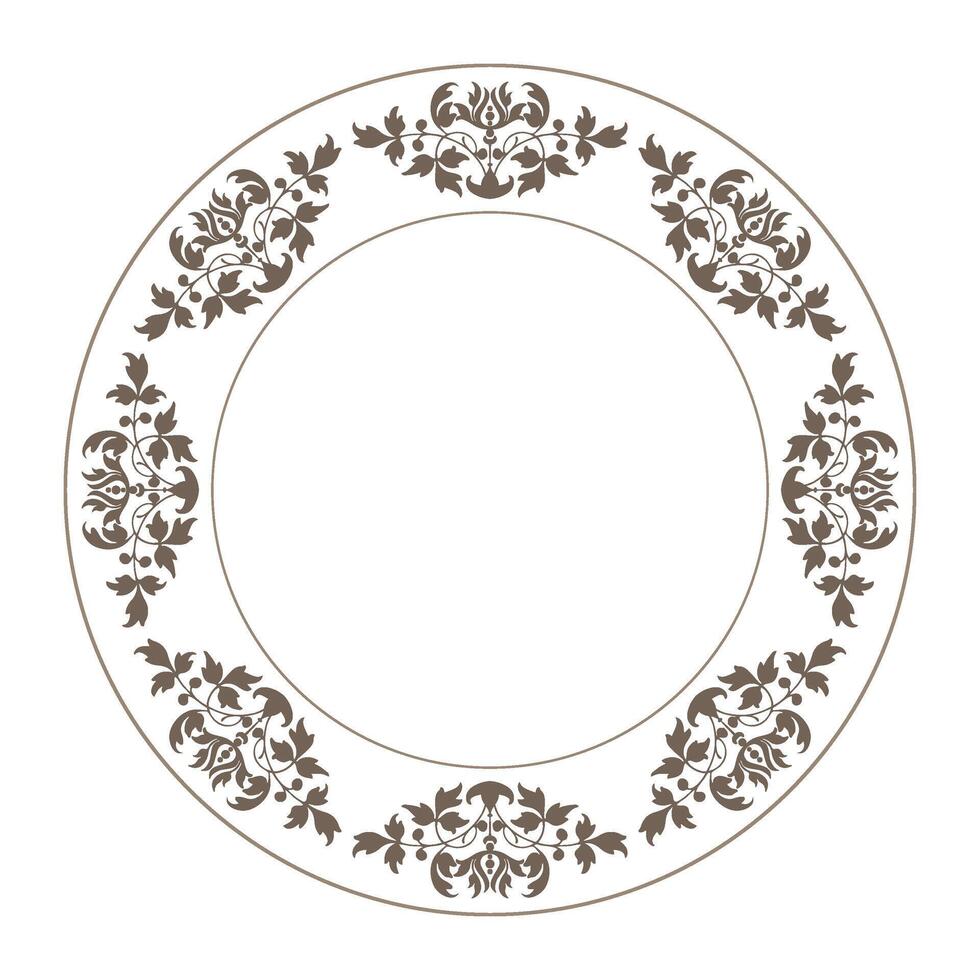 Beautiful round frame arabesques. Golden white plate with floral design. Vintage, ethnic frame with arabesques.EPS. Pattern frame for round surfaces, household utensils, textiles, embroidery vector