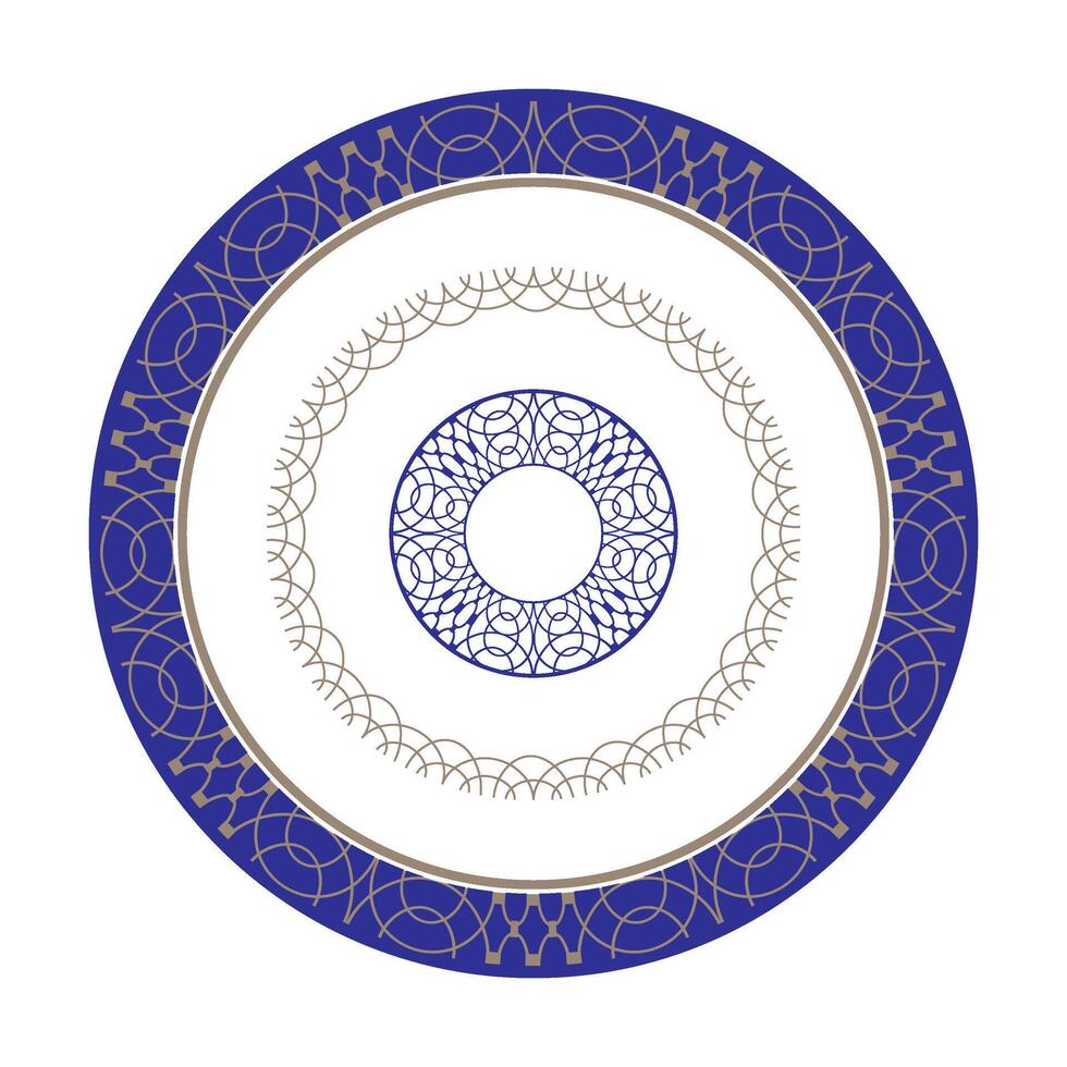 Blue and gold plate with openwork element in the center. Vintage, ethnic frame with arabesques. Beautiful round frame arabesque. Pattern frame for round surfac, household utensil, textile. EPS vector